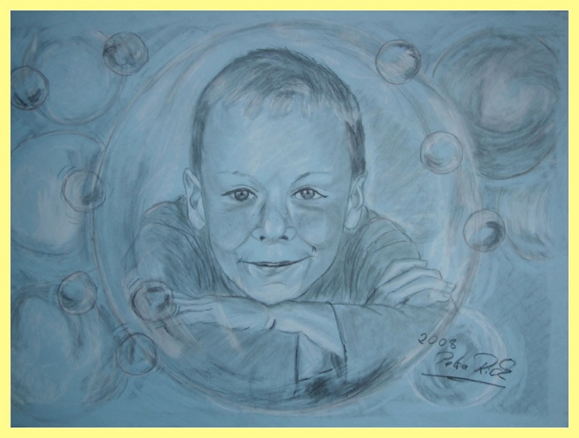 Kind in der Luftblase - Portrait von Petra Rick 2008 - Graffitistift